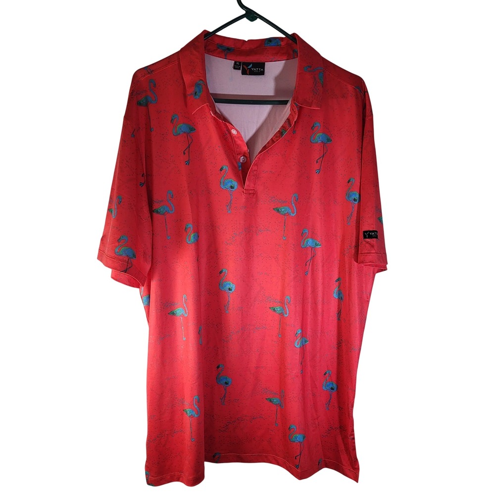 YATTA GOLF Mens XL Red‎ Flamingo Print Short Sleeve Collared Polo Shirt